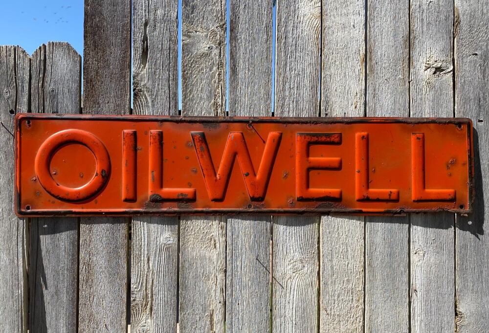 Vintage Oilwell Pump Jack Oilfield Sign Embossed Metal 36x8" Oil Field Patina